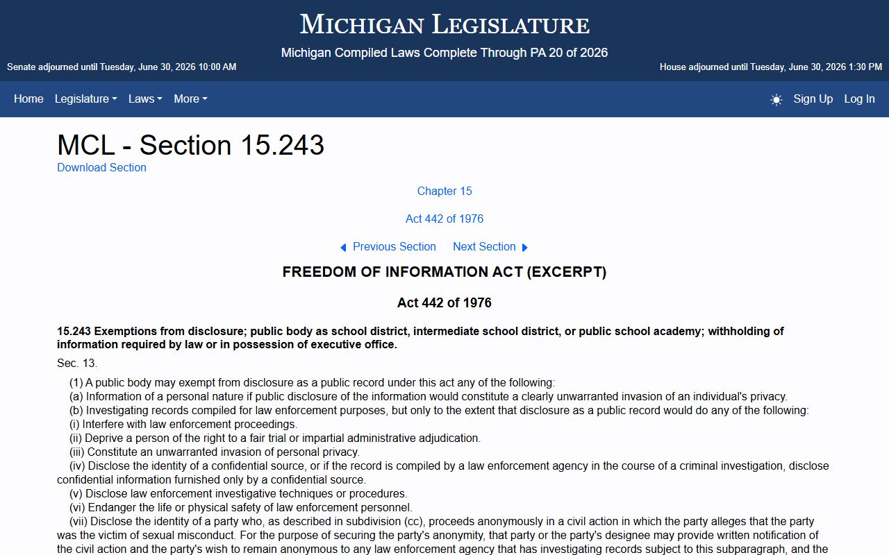 Michigan FOIA exemptions statute for Barry County court records