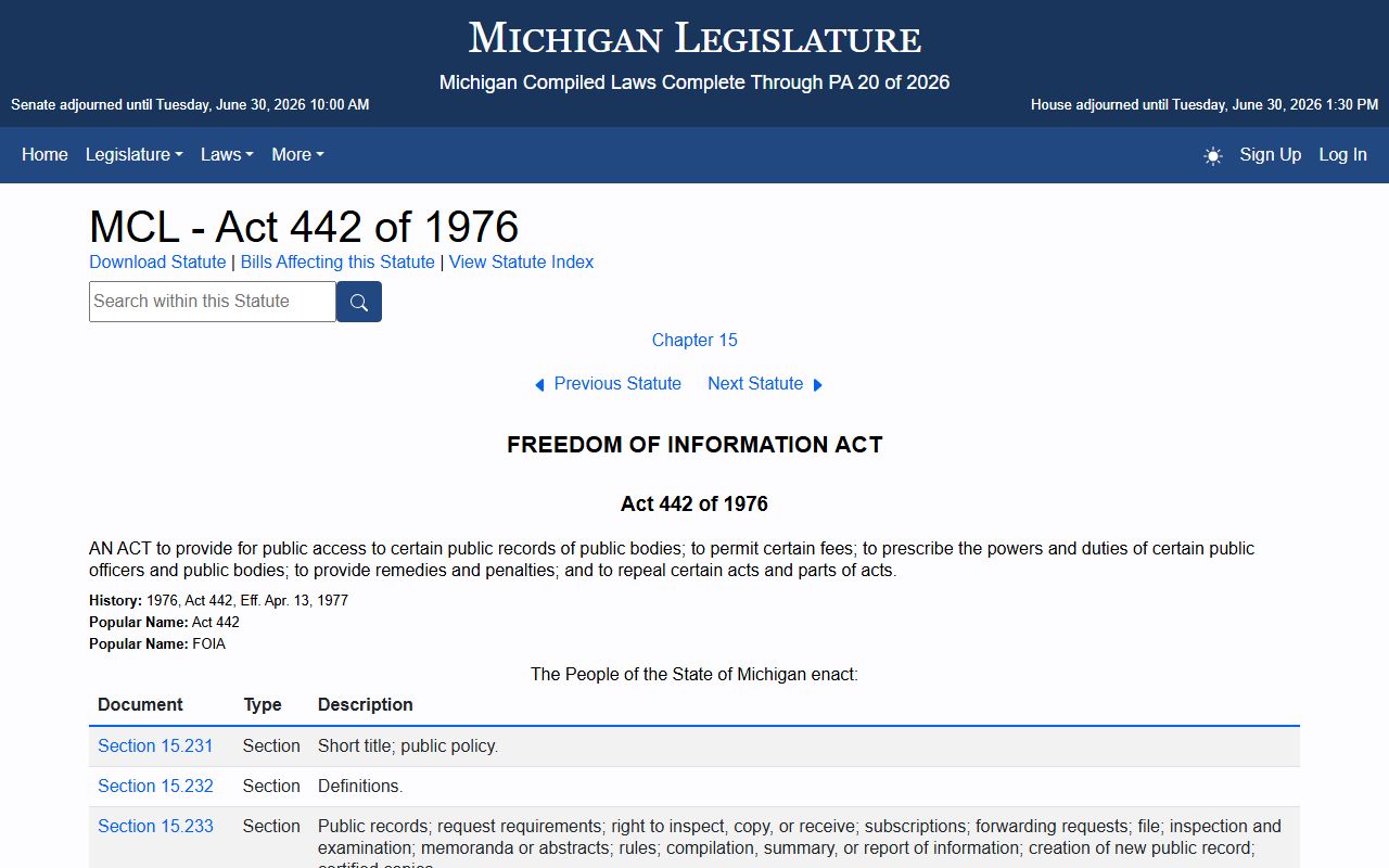 Michigan FOIA Act of 1976 page for Barry County court records