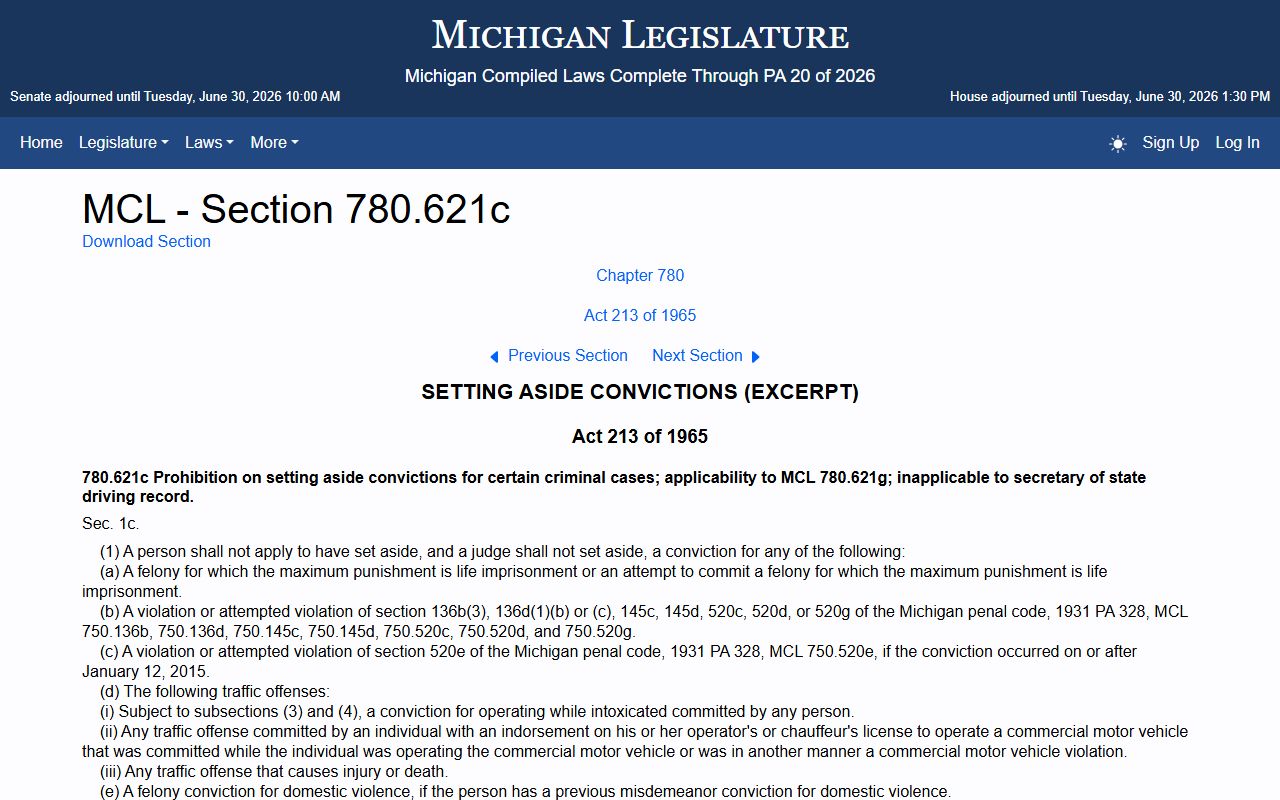 Barry County traffic offense set-aside statute MCL 780.621c on the Michigan Legislature site