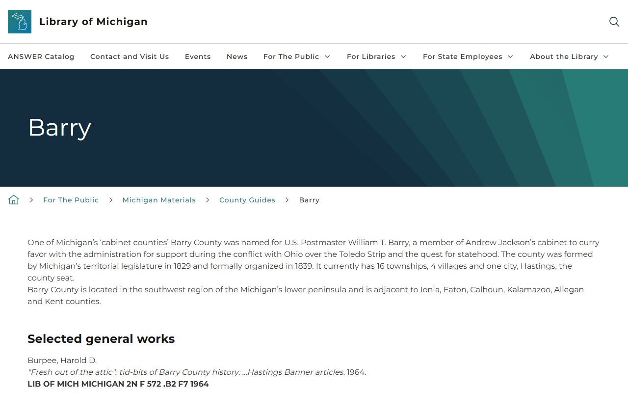 Library of Michigan Barry County history guide for court records context
