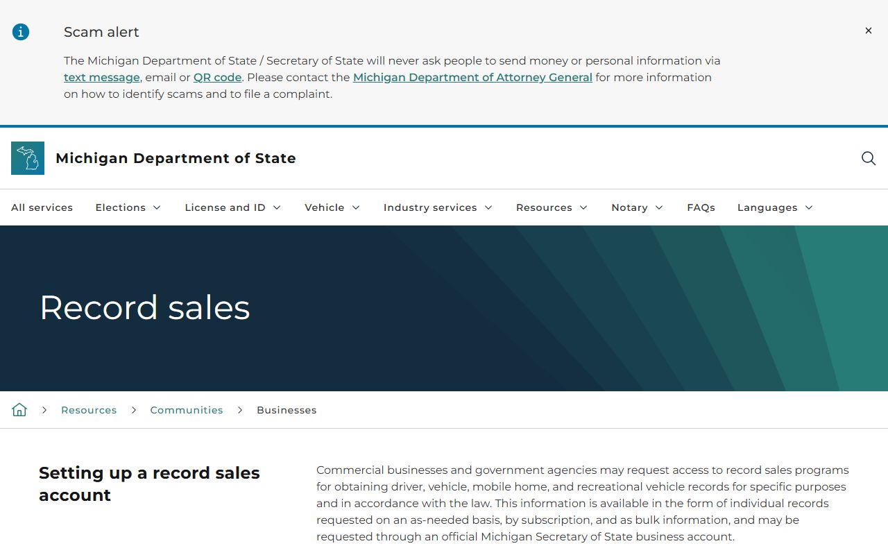 Barry County drivers reference the Michigan Secretary of State record sales and fee page